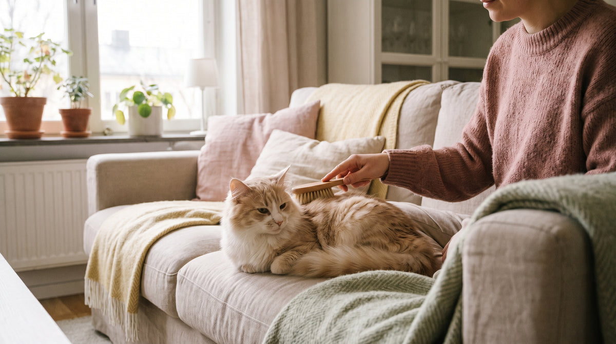 Propriétaire brossant doucement le pelage de son chat pour limiter la perte de poils