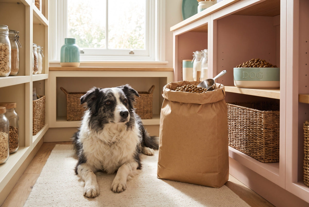 Grand sac de croquettes avec doseur et gamelle, un border collie allongé à côté
