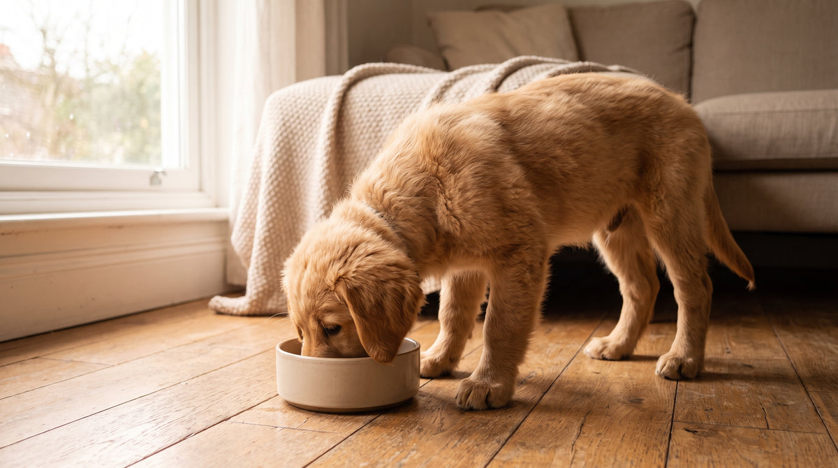 Chiot qui mange ses croquettes dans une gamelle