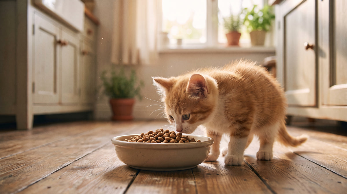 Chaton qui découvre une gamelle de croquettes