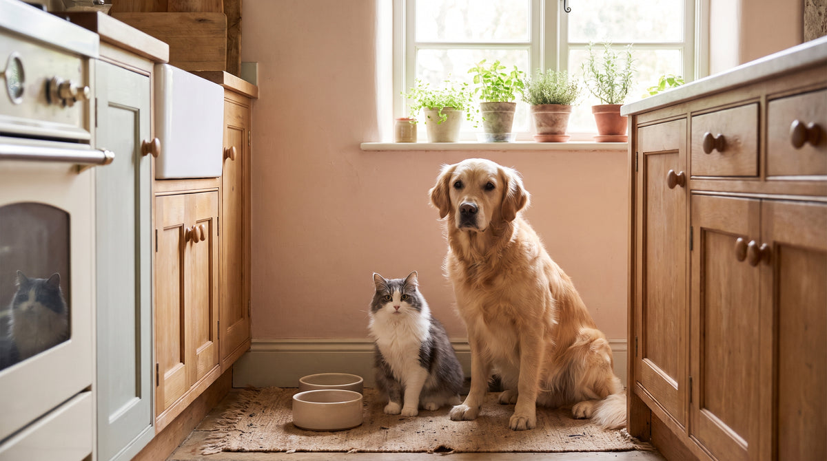 Chien et chat assis calmement à côté de leurs gamelles dans une cuisine lumineuse