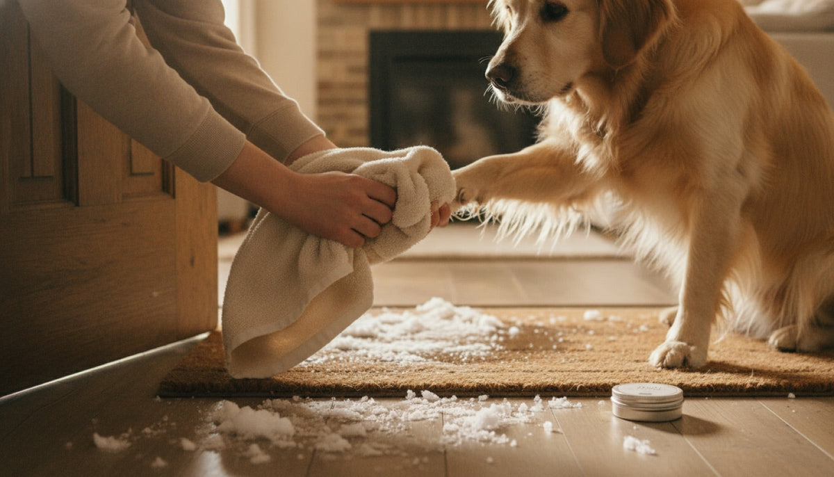 Personne essuyant les coussinets d’un chien avec une serviette après une promenade dans la neige
