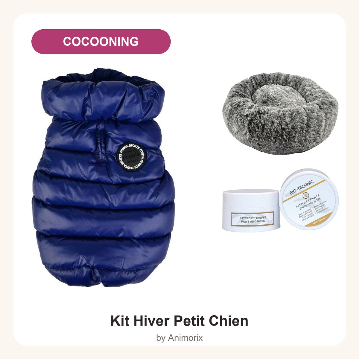 Kit Hiver Petit Chien Cocooning – Doudoune Puppia, coussin donut et baume coussinets – bleu marine