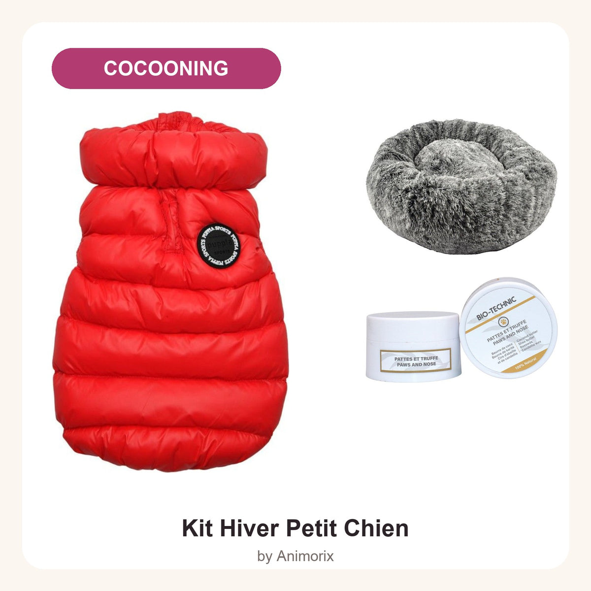 Kit Hiver Petit Chien Cocooning – Doudoune Puppia, coussin donut et baume coussinets – rouge