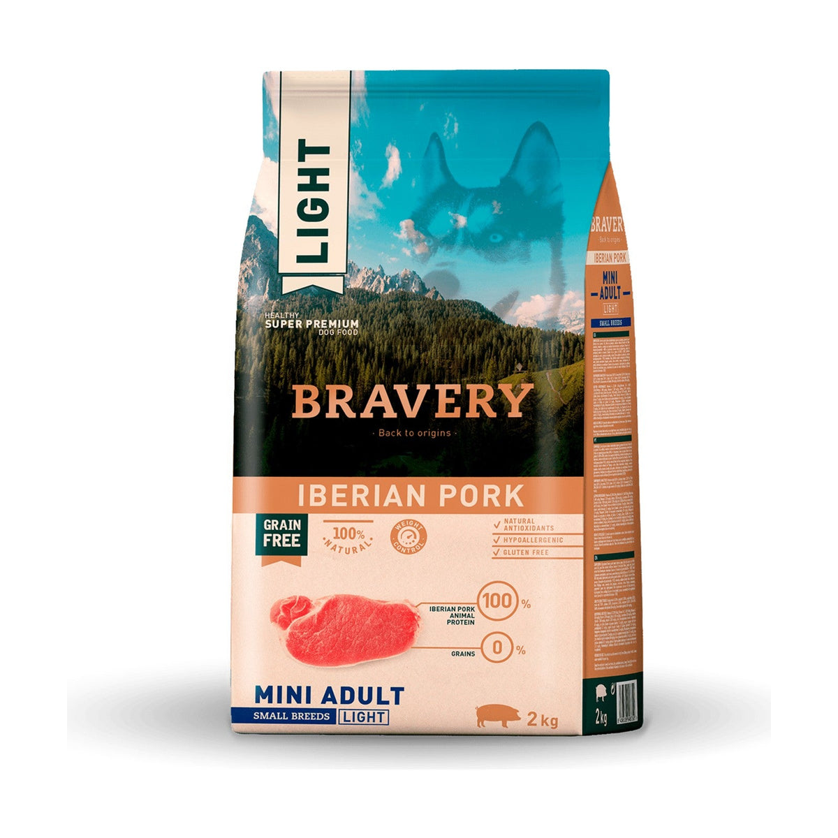Lot de 2 sacs – BRAVERY Mini Adult Light – Croquettes sans céréales petit chien au porc ibérique