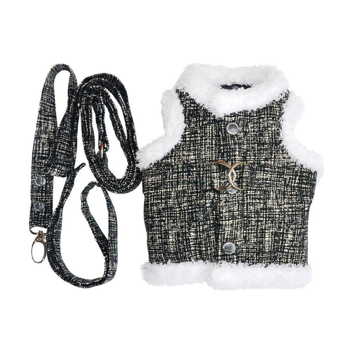 Harnais veste noir fourrure + laisse