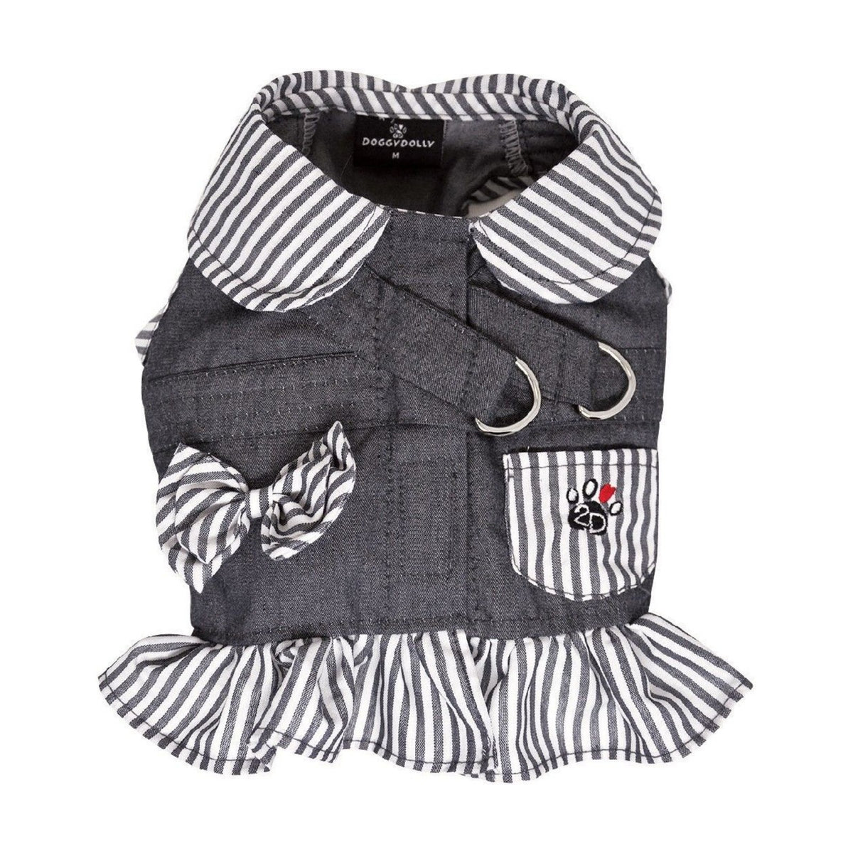 Harnais veste rayé gris et noeud + laisse
