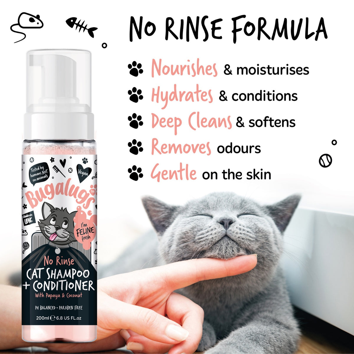 BUGALUGS Mousse sans rinçage Chat – Shampoing et après-shampoing papaye & coco – photo 4