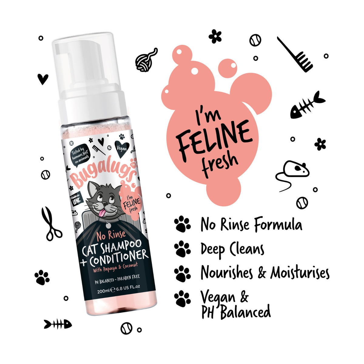 BUGALUGS Mousse sans rinçage Chat – Shampoing et après-shampoing papaye & coco – photo 5