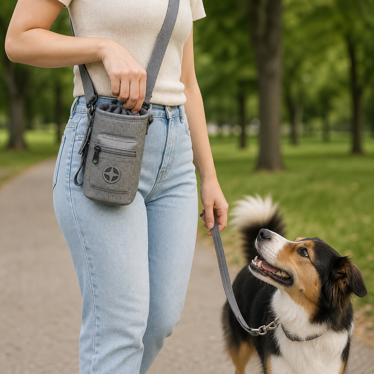 Pochette multifonction Animorix portée pendant une promenade avec un chien