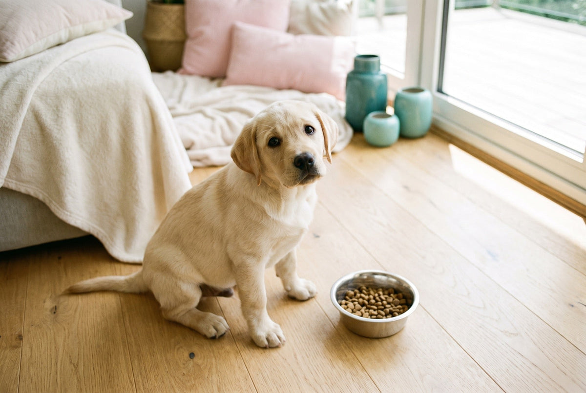 Chiot labrador assis à côté de sa gamelle de croquettes