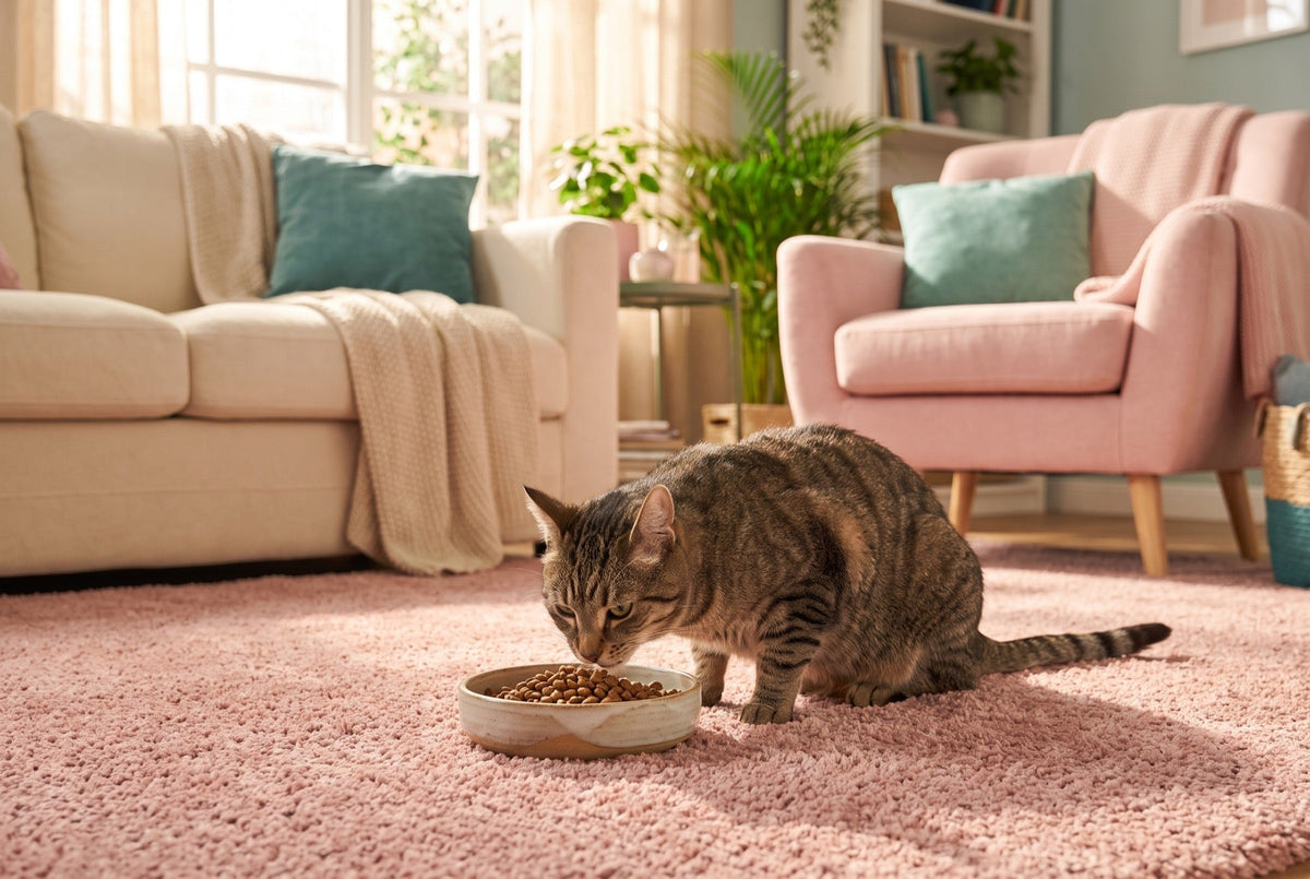 Chat tigré mangeant ses croquettes sur un tapis rose