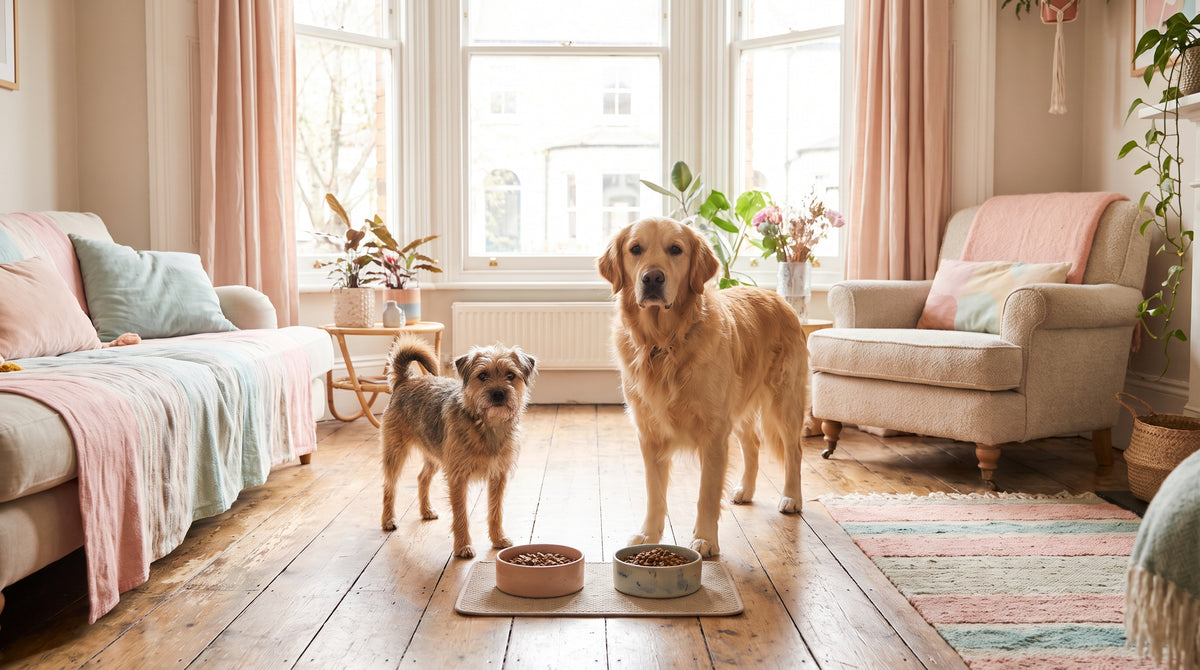 Petit chien et grand chien côte à côte près de leurs gamelles