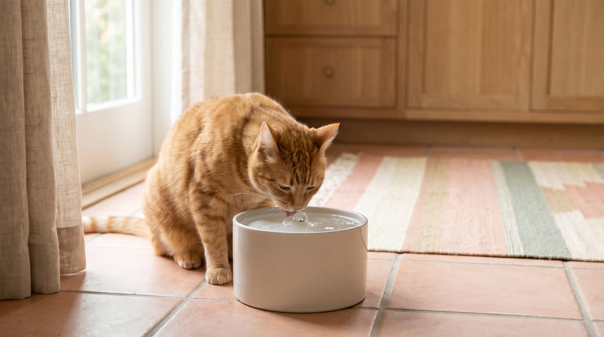 Chat buvant à une fontaine à eau filtrante dans la cuisine