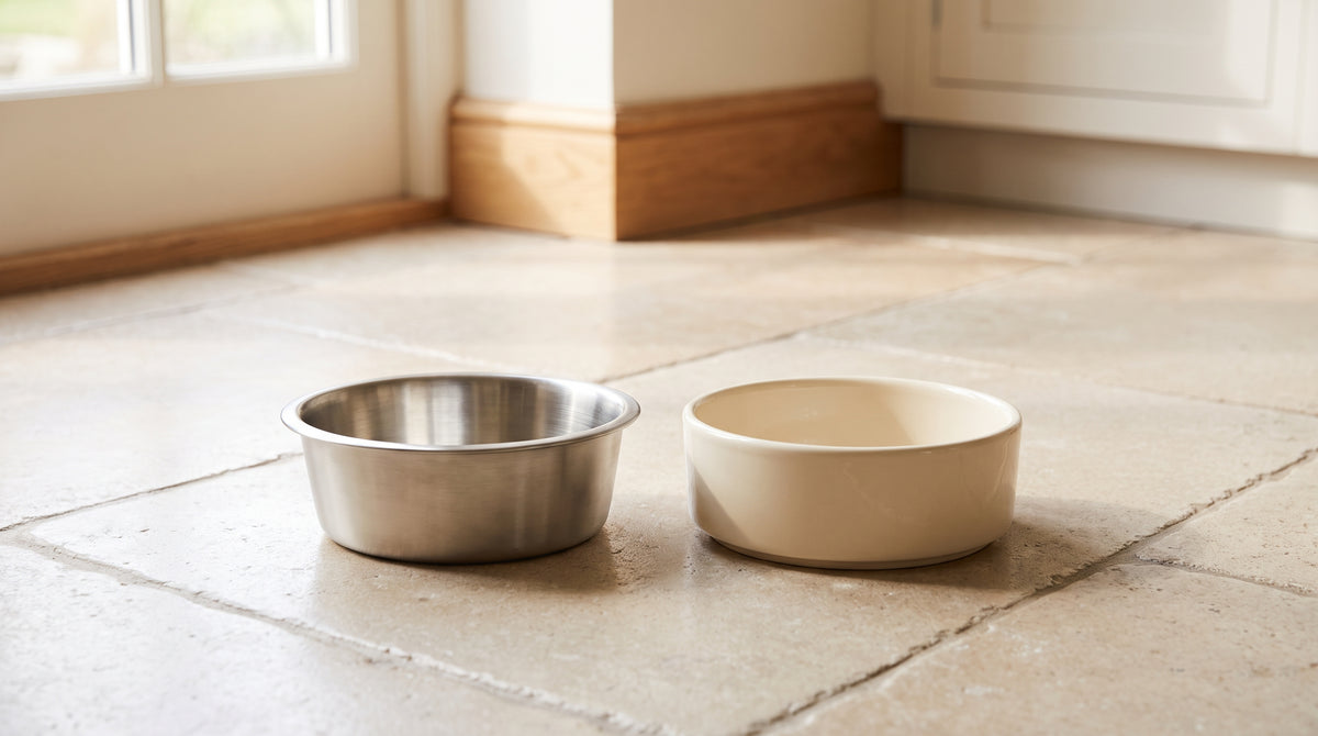Gamelles en inox et en céramique posées côte à côte pour chien et chat