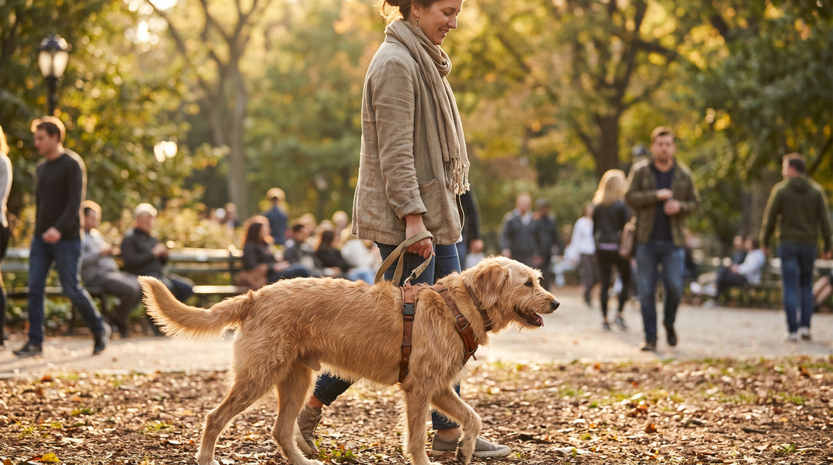 Chien portant un harnais anti-traction en promenade avec son propriétaire