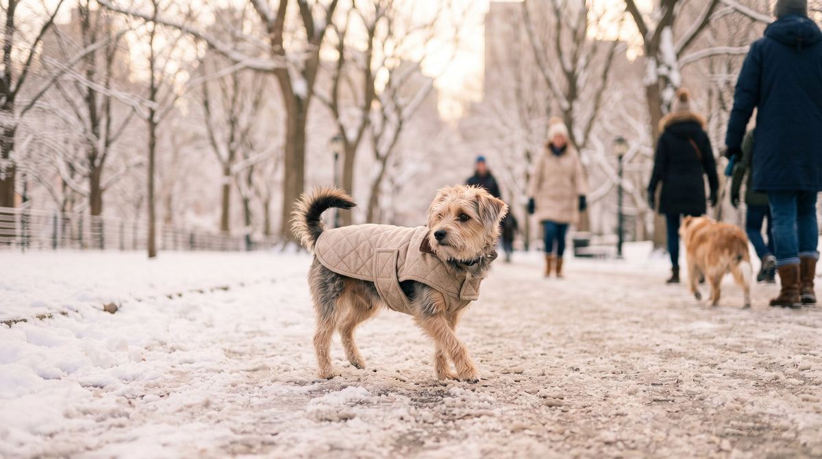 Petit chien à poil court portant un manteau d'hiver en promenade dans la neige