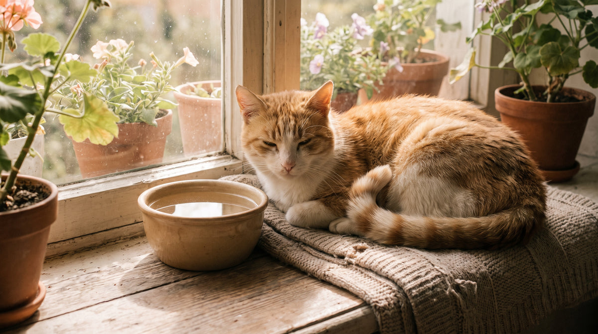 Chat senior près de sa gamelle de croquettes