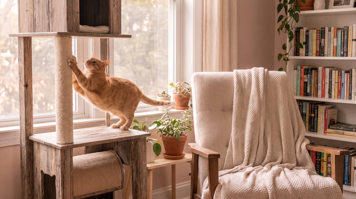 Chat se faisant les griffes sur un arbre à chat en bois près d'une fenêtre