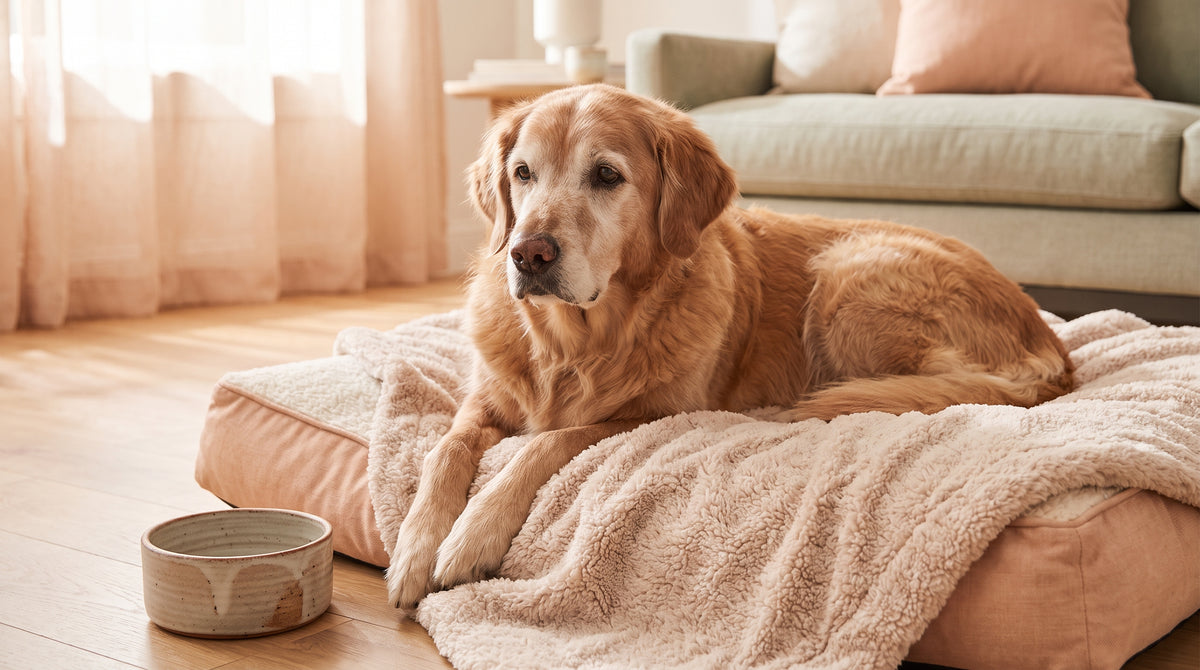 Chien senior près de sa gamelle de croquettes