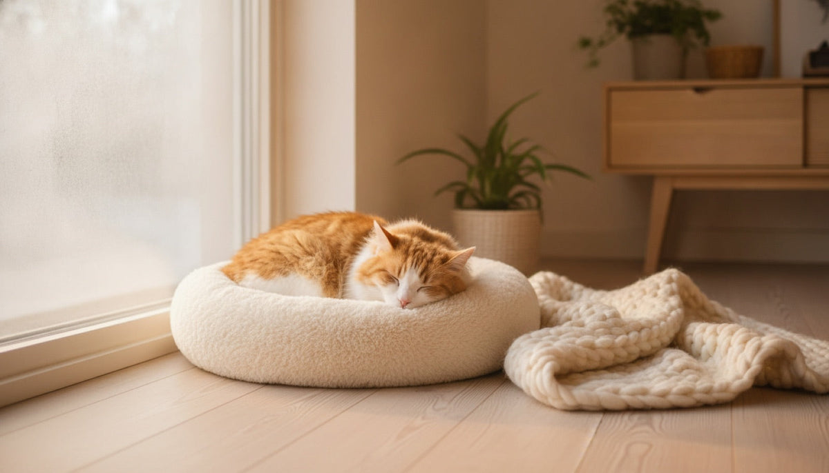 Chat endormi dans un panier rond en fausse fourrure près d’une fenêtre ensoleillée en hiver