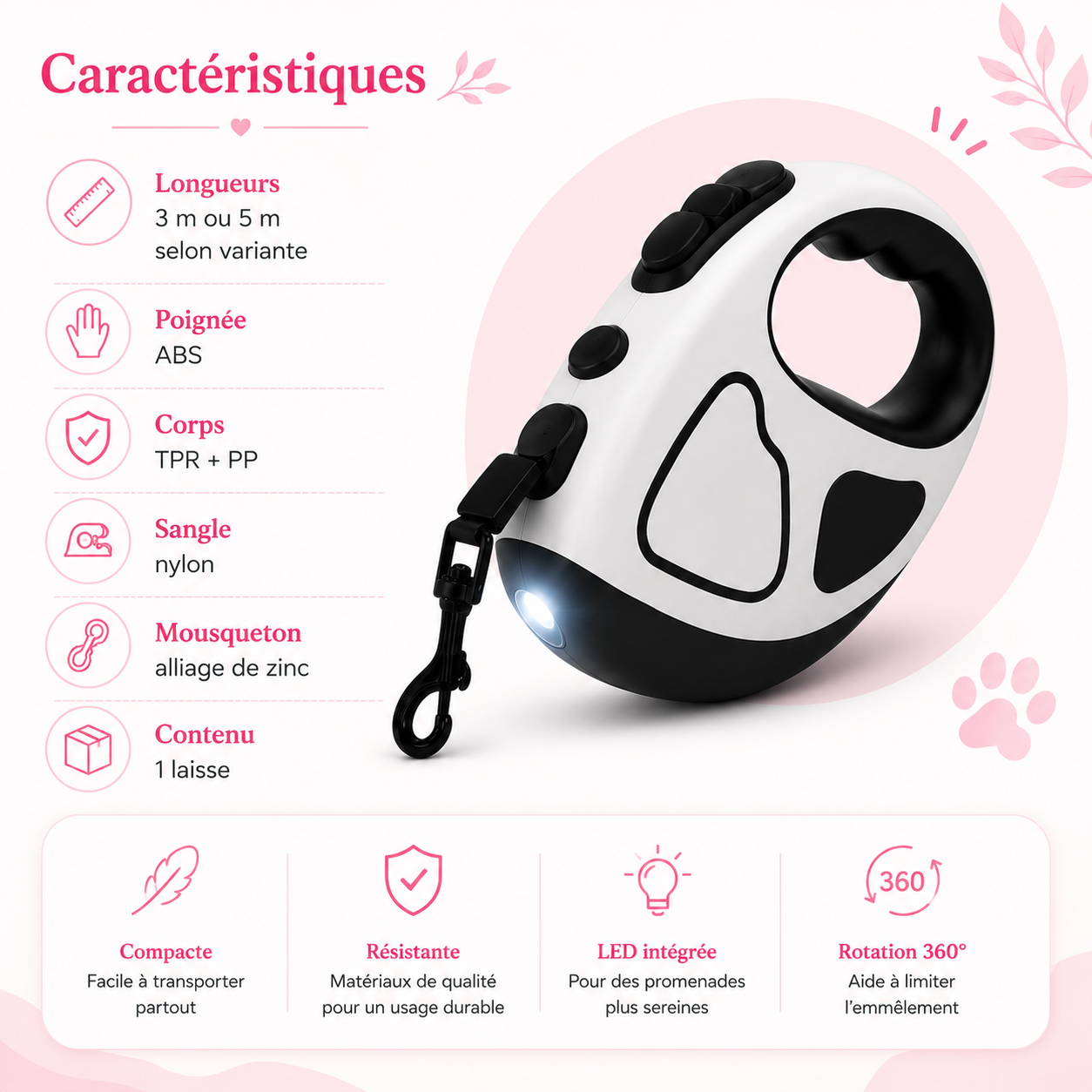 Laisse rétractable LED pour chien AnimoriX