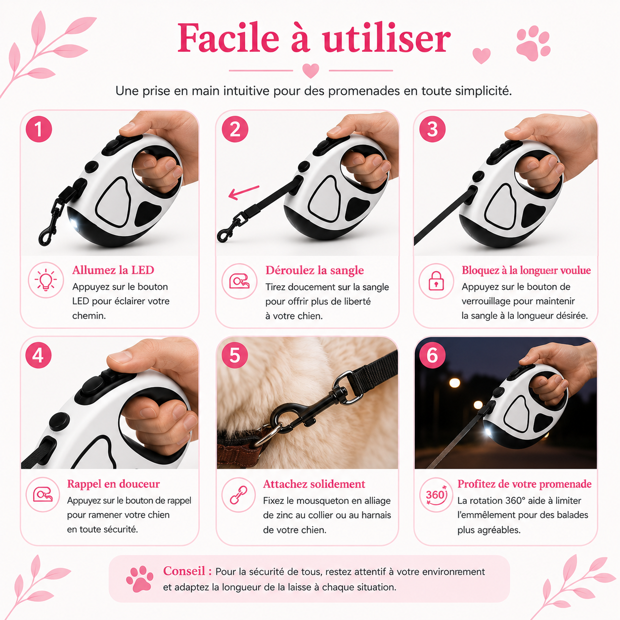 Laisse rétractable LED pour chien AnimoriX