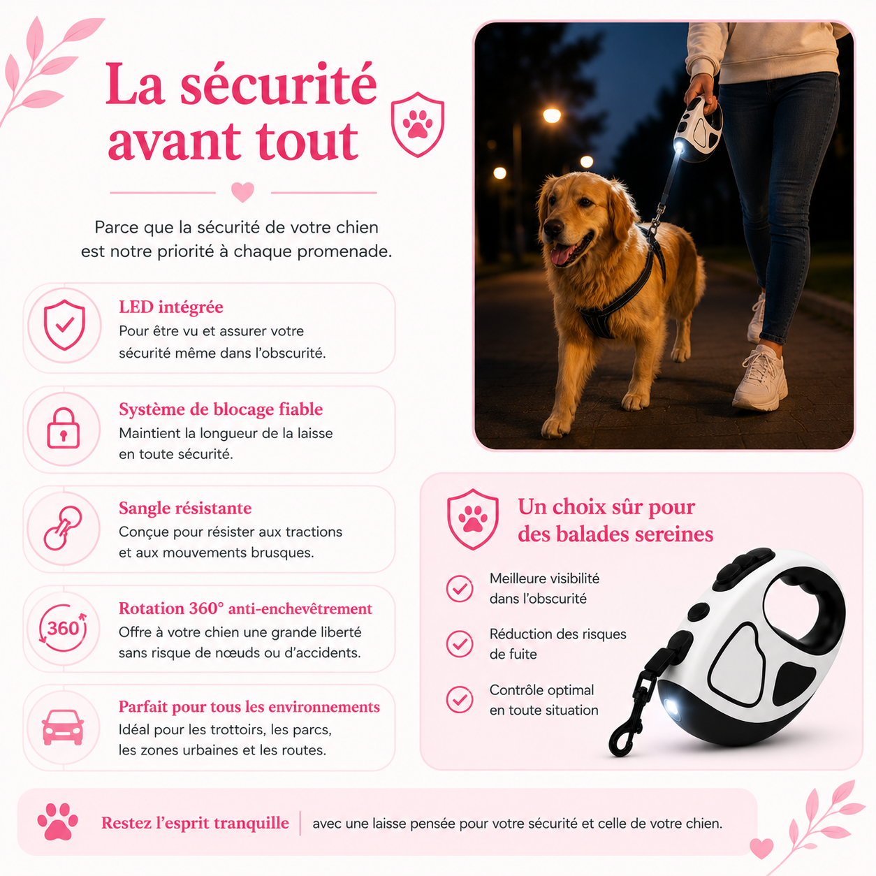 Laisse rétractable LED pour chien AnimoriX