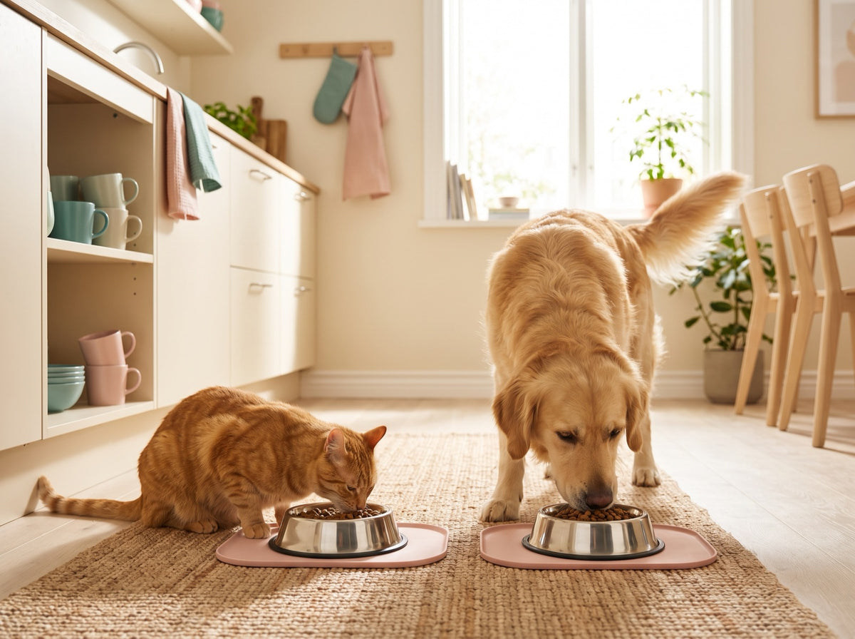 Un chien et un chat mangent leurs croquettes dans une cuisine lumineuse