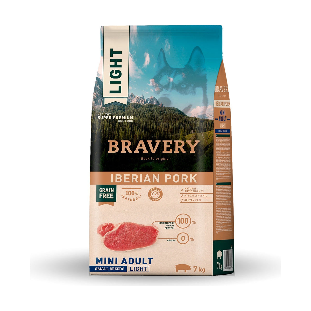 Lot de 2 sacs – BRAVERY Mini Adult Light – Croquettes sans céréales petit chien au porc ibérique