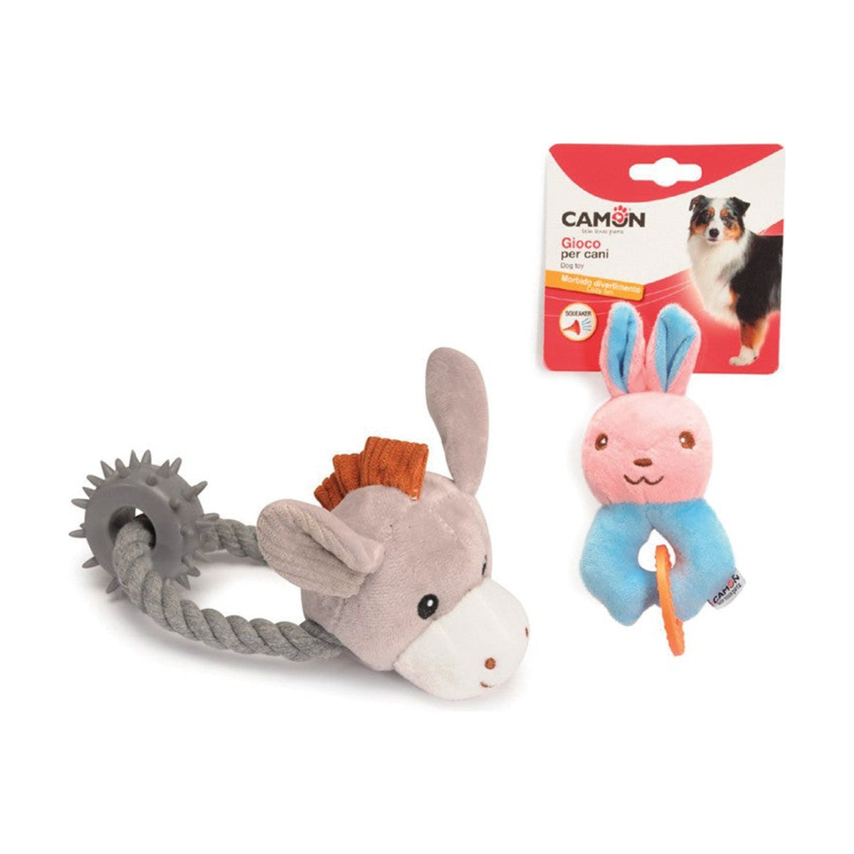 CAMON Peluche Lapin ou Âne avec corde – Jouet sonore pour chien – photo 1
