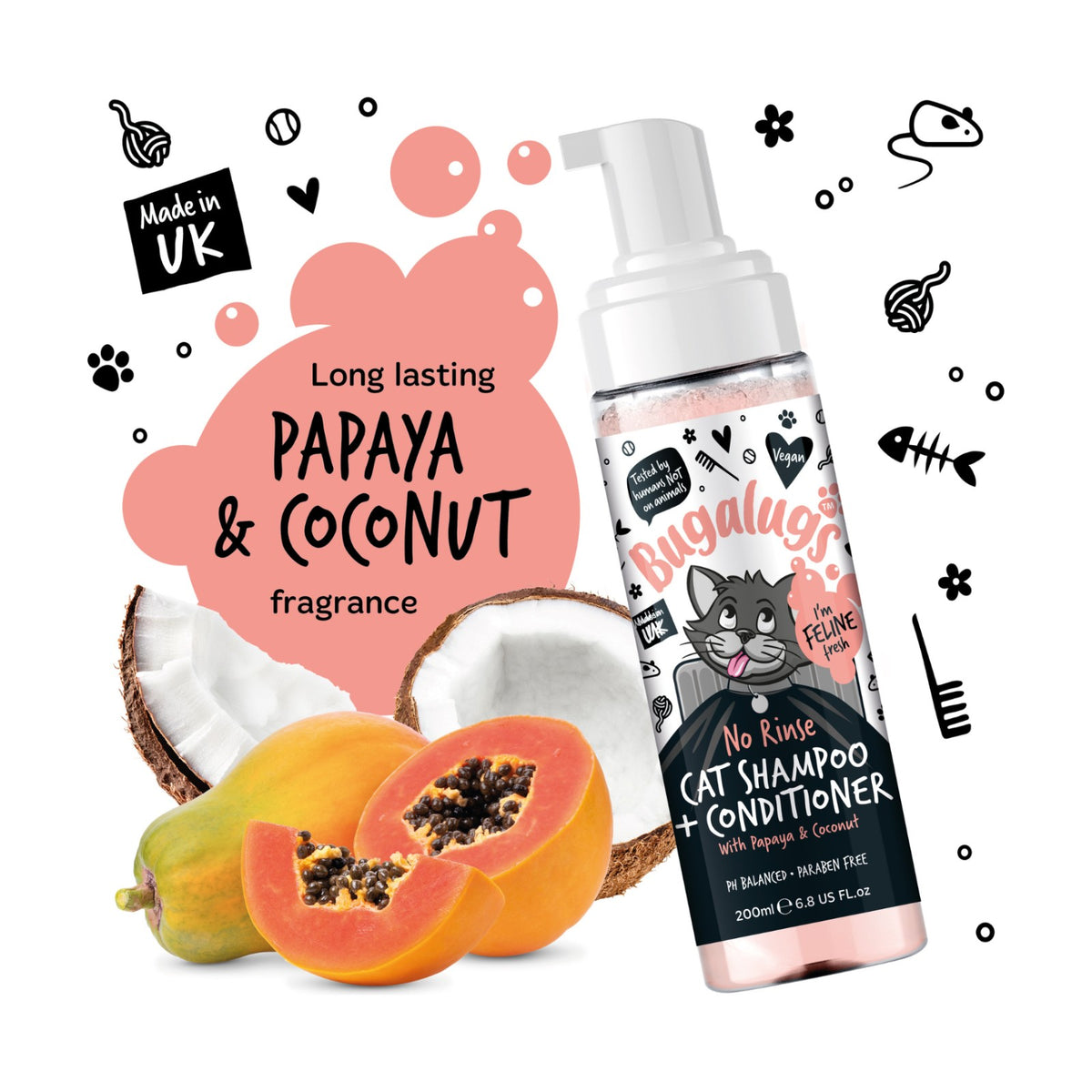 BUGALUGS Mousse sans rinçage Chat – Shampoing et après-shampoing papaye & coco – photo 2