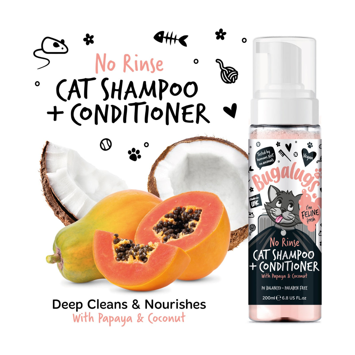 BUGALUGS Mousse sans rinçage Chat – Shampoing et après-shampoing papaye & coco – photo 3