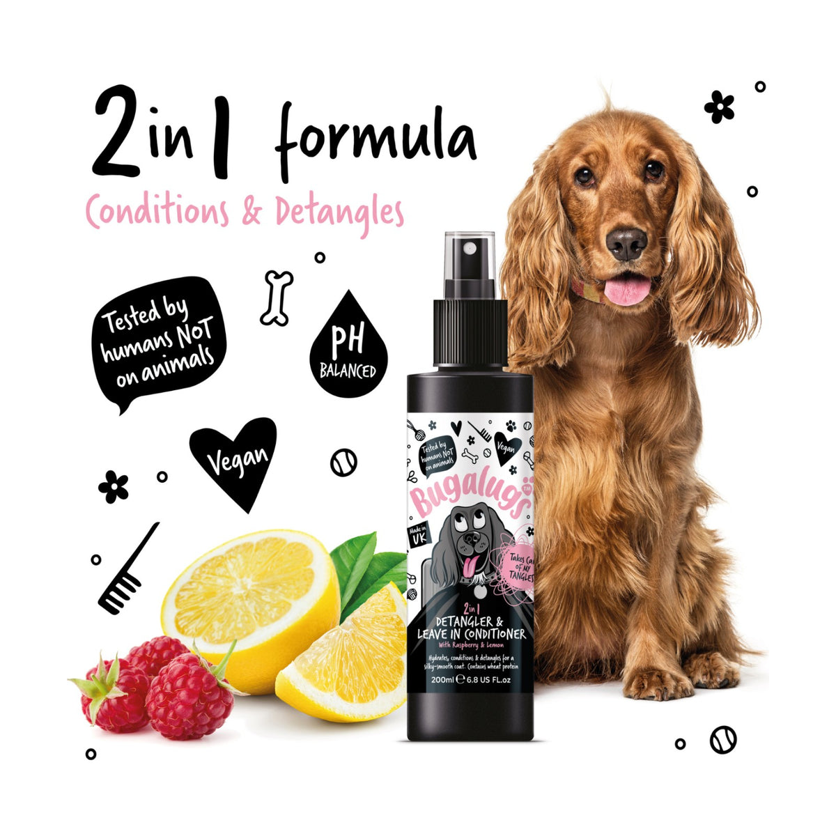 BUGALUGS Démêlant 2 en 1 – Spray démêlant pour chien framboise & citron – photo 3