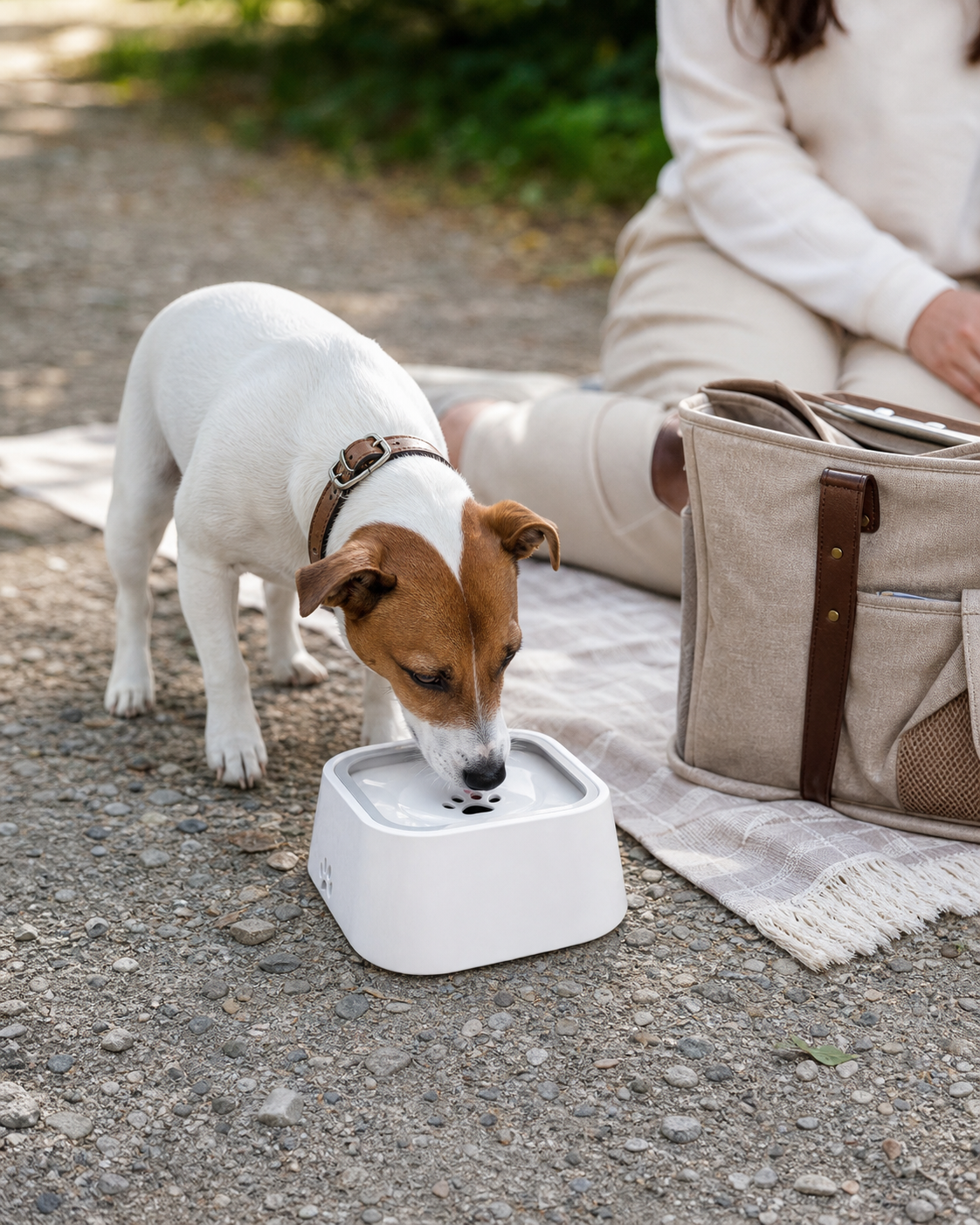 Chien utilisant la gamelle Animorix pendant une pause en sortie