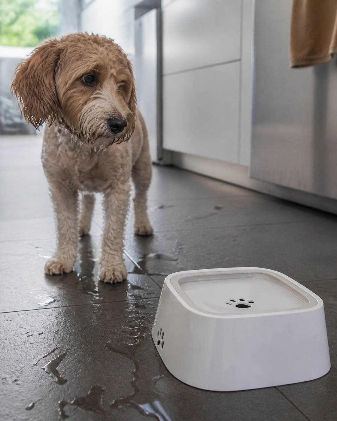 Chien près d'une zone d'eau mouillée avant utilisation de la gamelle anti-éclaboussures Animorix