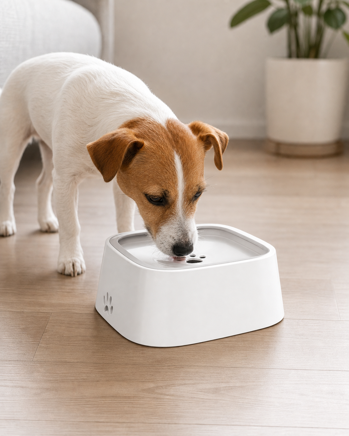 Chien utilisant la gamelle anti-éclaboussures Animorix sur un sol propre