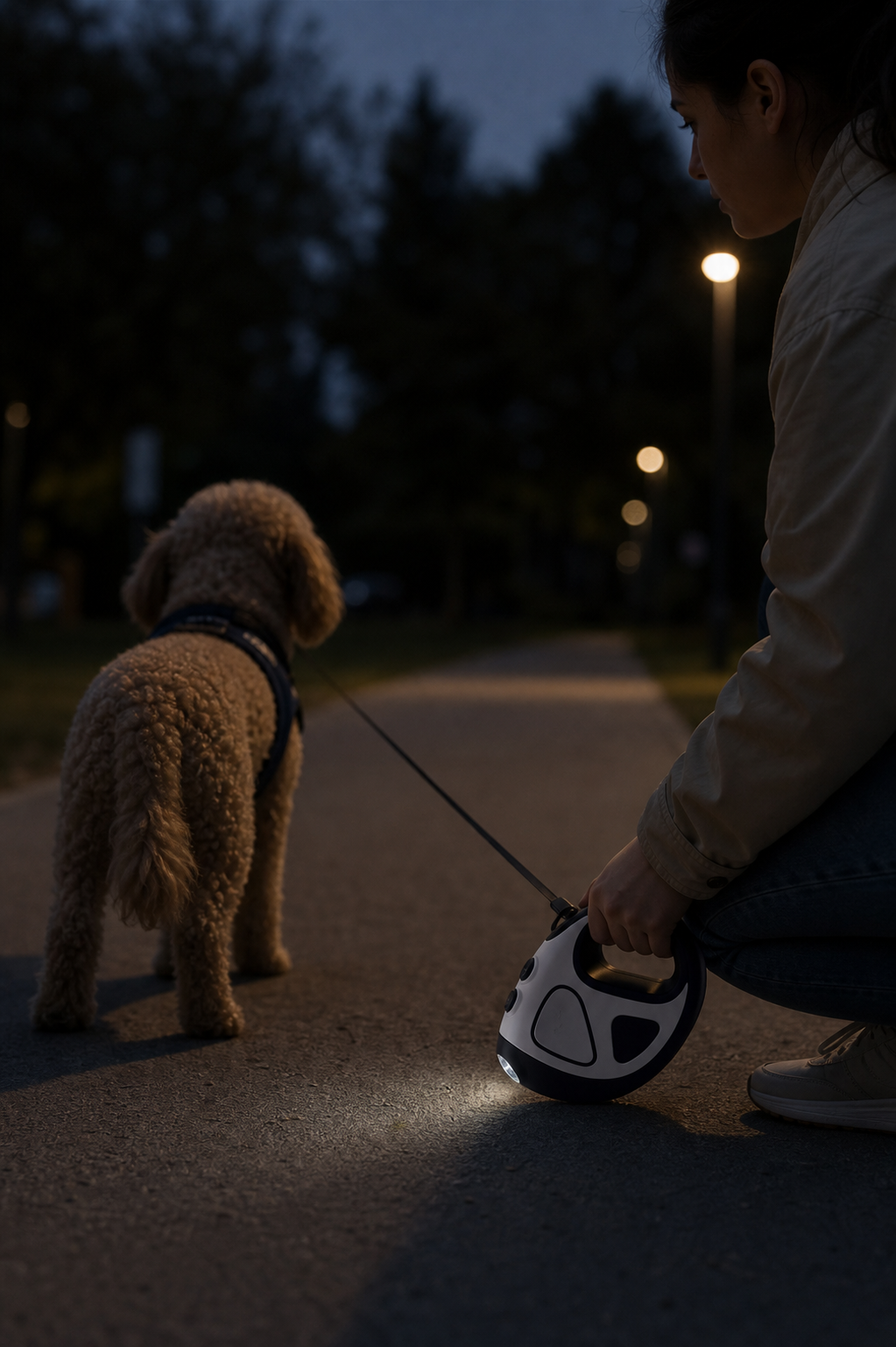 Promenade avec chien par faible luminosité avant utilisation de la laisse LED
