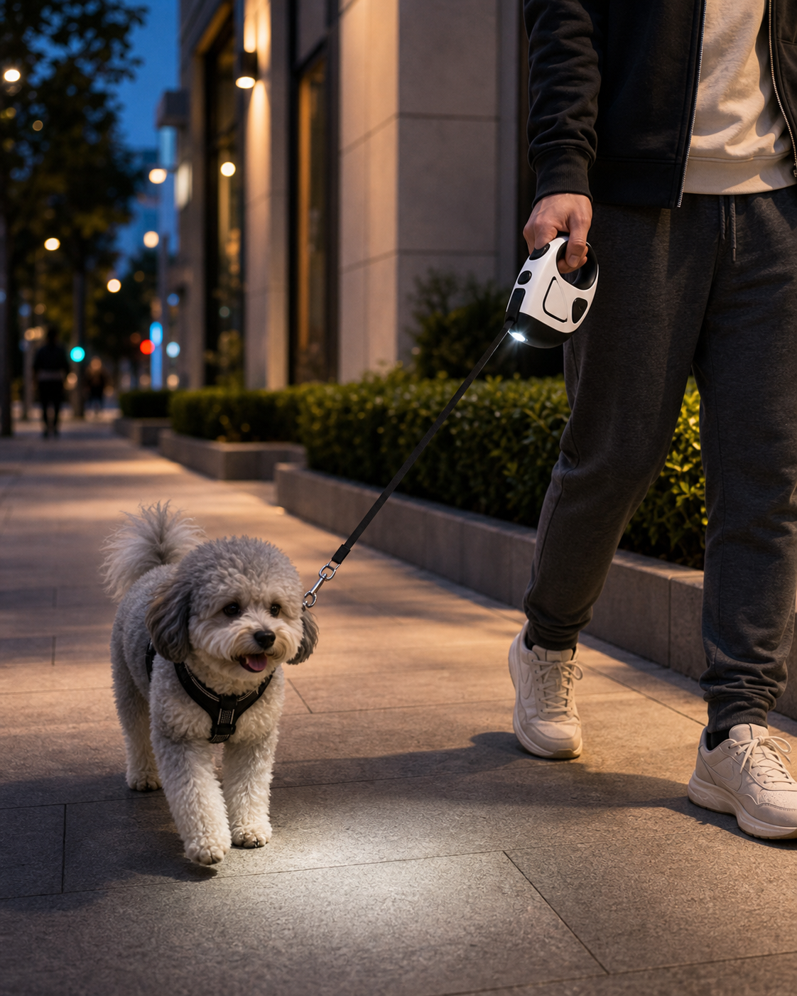 Chien promené avec la laisse rétractable LED Animorix le soir